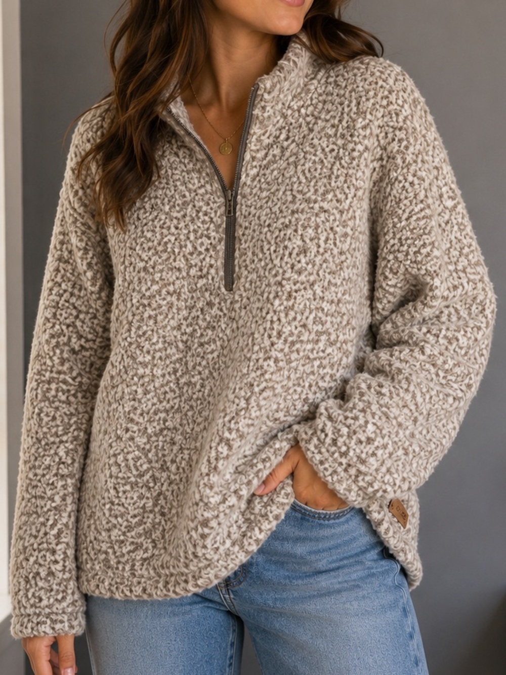 Initial Attraction Cozy Sherpa Fleece Quarter Zip Pullover XL Taupe Beige